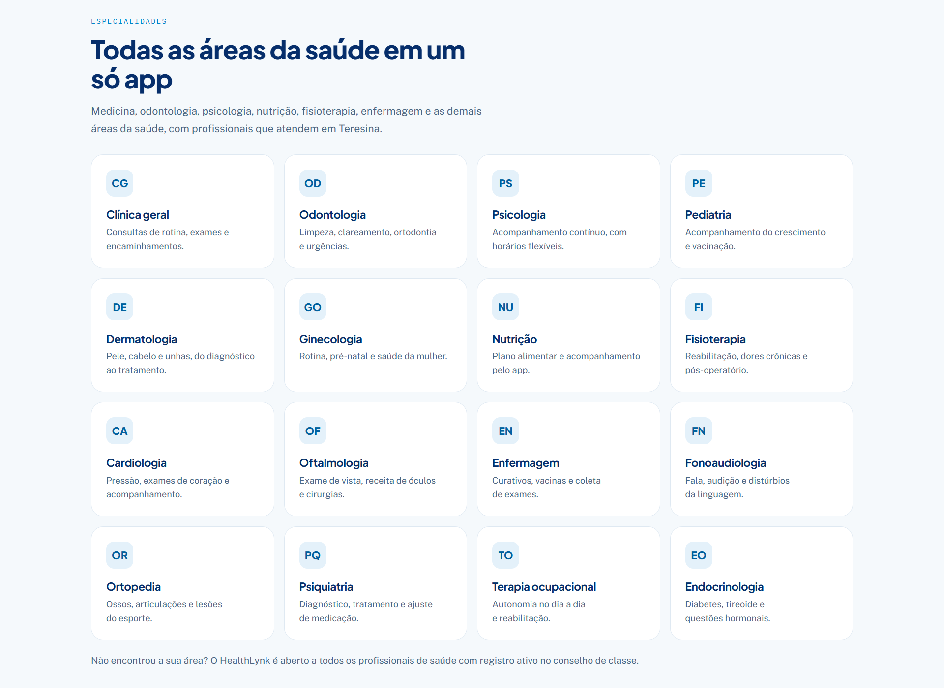 Grade de especialidades